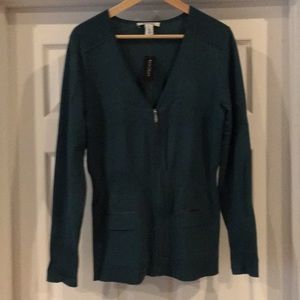 Teal zippered cardigan.